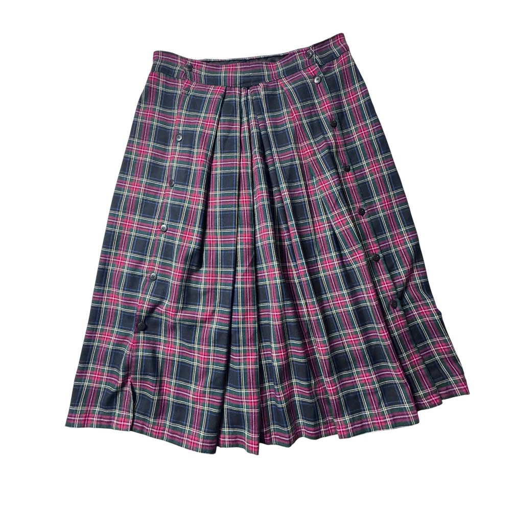 Handmade Plaid Pleated Skirt Womens 14 Navy Red Button Dark Academia Preppy